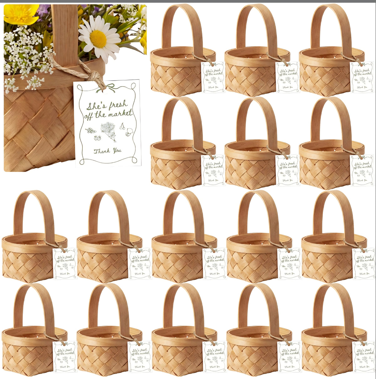 LemonRoad 20 Sets She's Fresh Off The Market Mini Wooden Woven Basket with Card Wood Mini Flower *