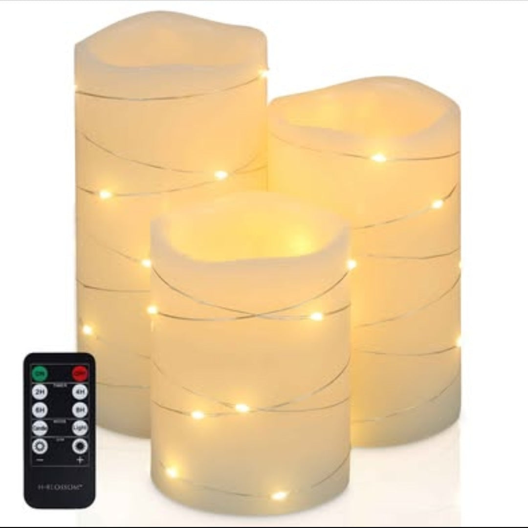 Ivory Real Wax Pillar with Embedded String Lights LED Candles