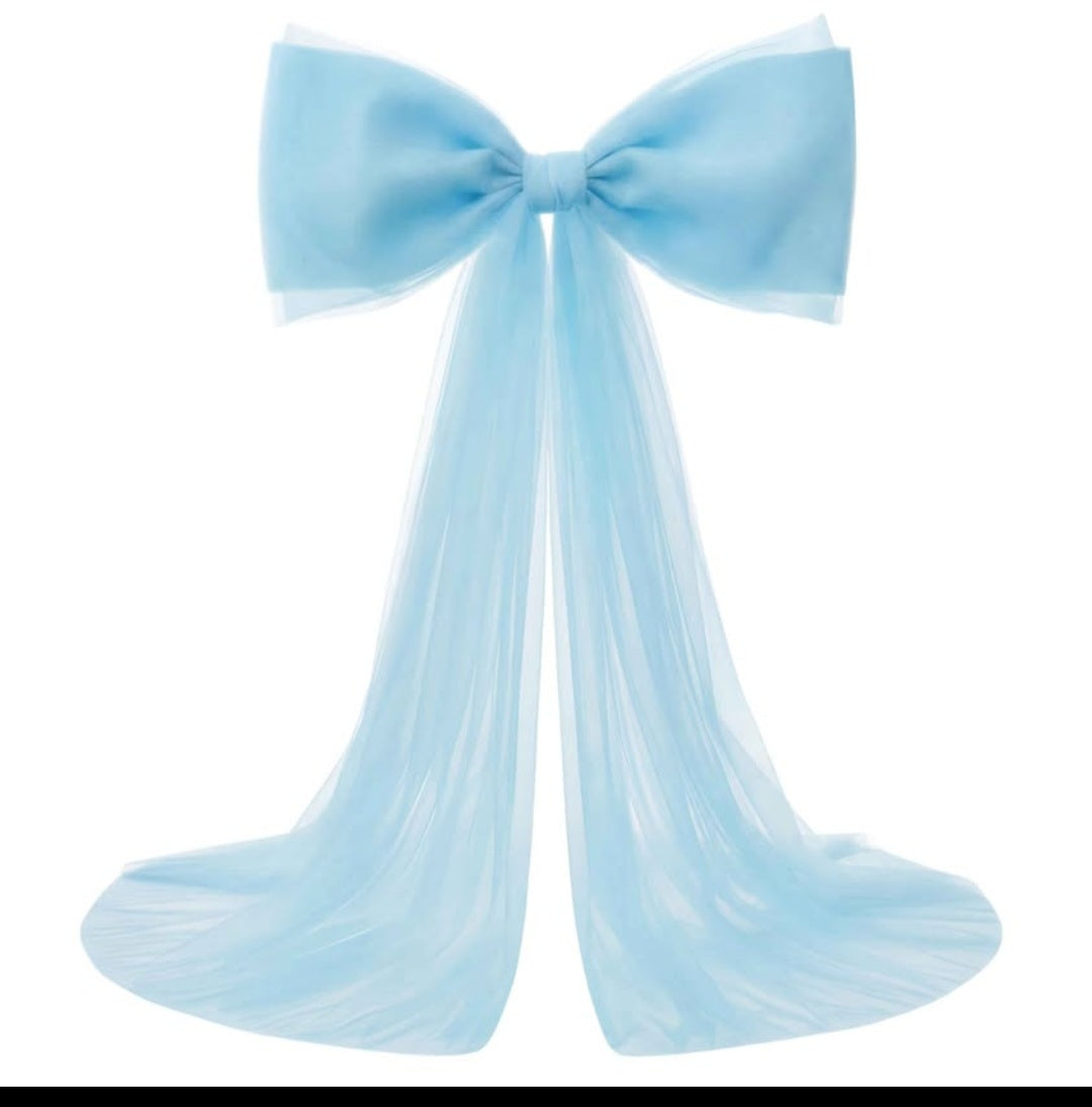 Extra Large Blue Organza Bow Decorations 39 x 59 Inch Giant Blue Tulle Bow with Tie and Long Ribbon