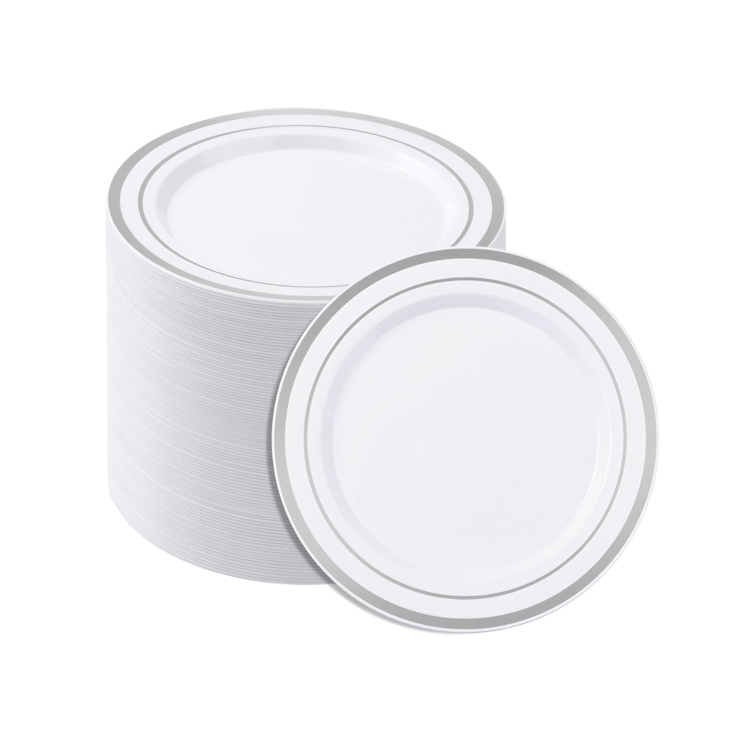 BESTSTAR White Disposable Plastic Plates with Silver Rim