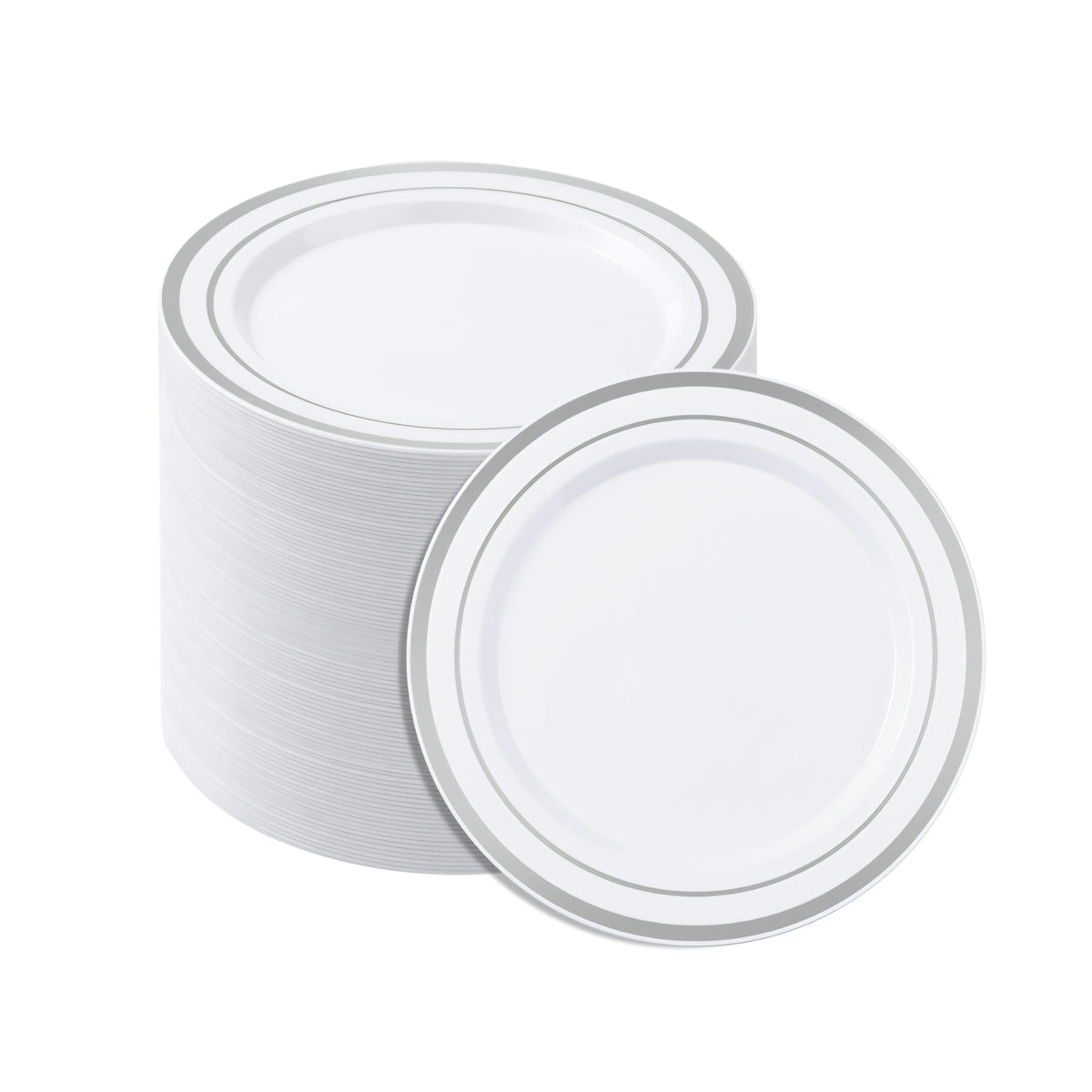 BESTSTAR White Disposable Plastic Plates with Silver Rim