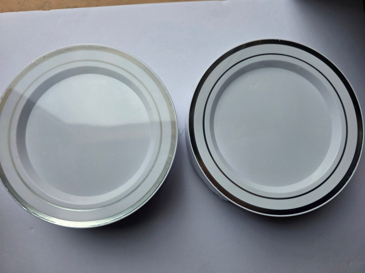 BESTSTAR White Disposable Plastic Plates with Silver Rim