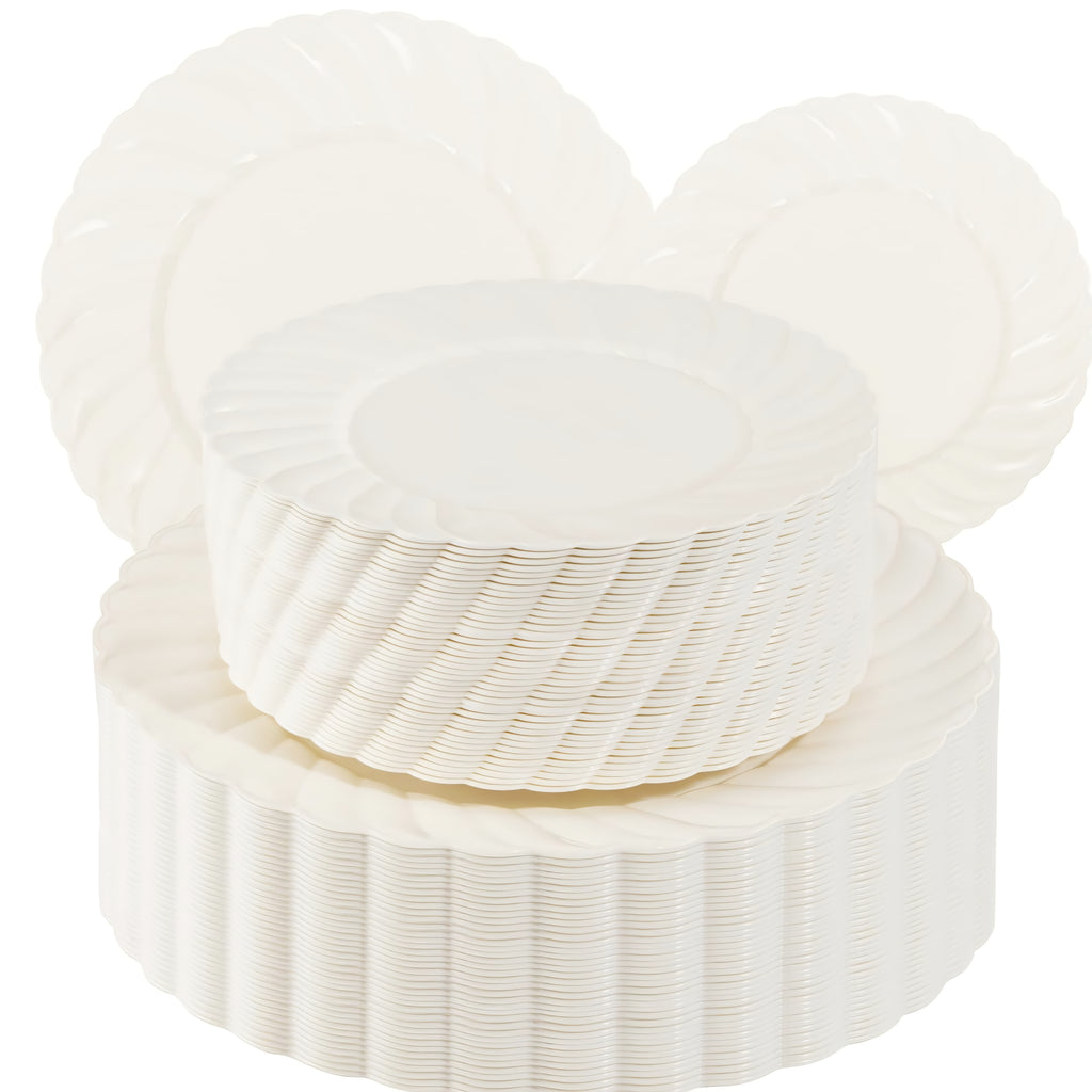 U-QE 100 Piece Ivory Scalloped Plastic Plates for Party - Plastic Plates Disposable Heavy Duty