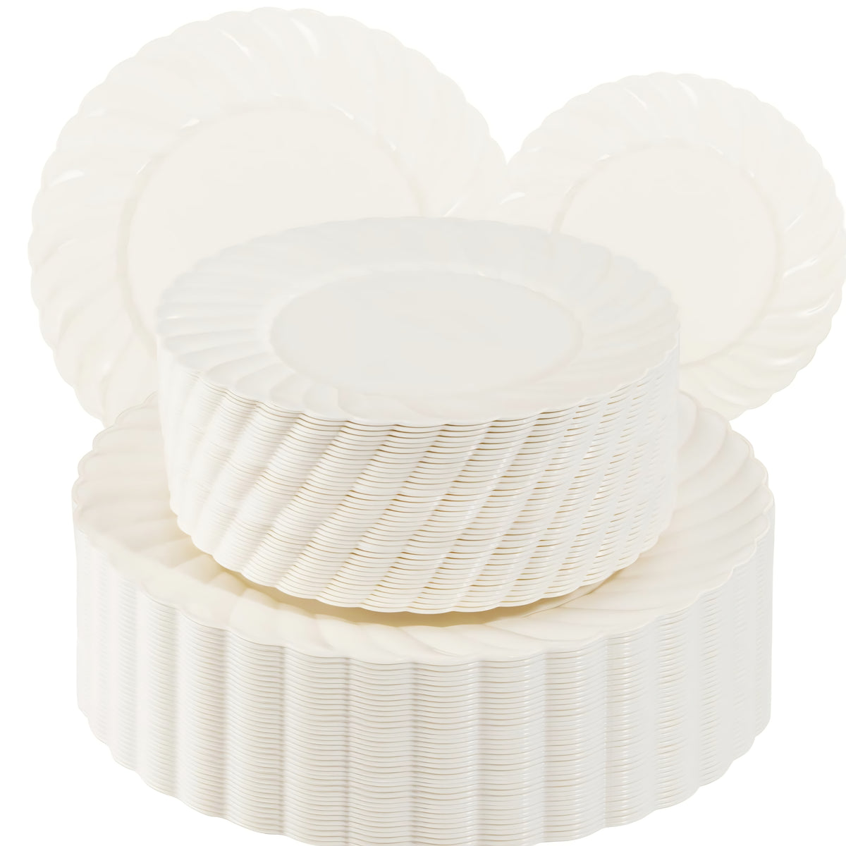 U-QE 100 Piece Ivory Scalloped Plastic Plates for Party - Plastic Plates Disposable Heavy Duty