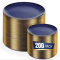 BUCLA 200PCS Blue Plastic Plates - Navy Blue Disposable with Gold Rim Include 100 Each (10 inch Dinner & 7 inch Dessert) Plates, Ideal for Party & 4th of July
