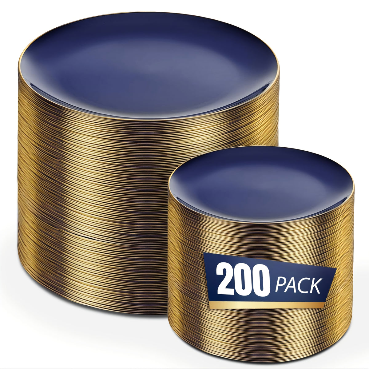 BUCLA 200PCS Blue Plastic Plates - Navy Blue Disposable with Gold Rim Include 100 Each (10 inch Dinner & 7 inch Dessert) Plates, Ideal for Party & 4th of July