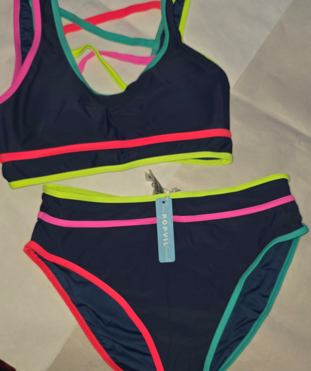 popvil 3 Piece Swimsuits Womens High Waisted Bikini Sets Neon Tummy Control Full Coverage Modest*