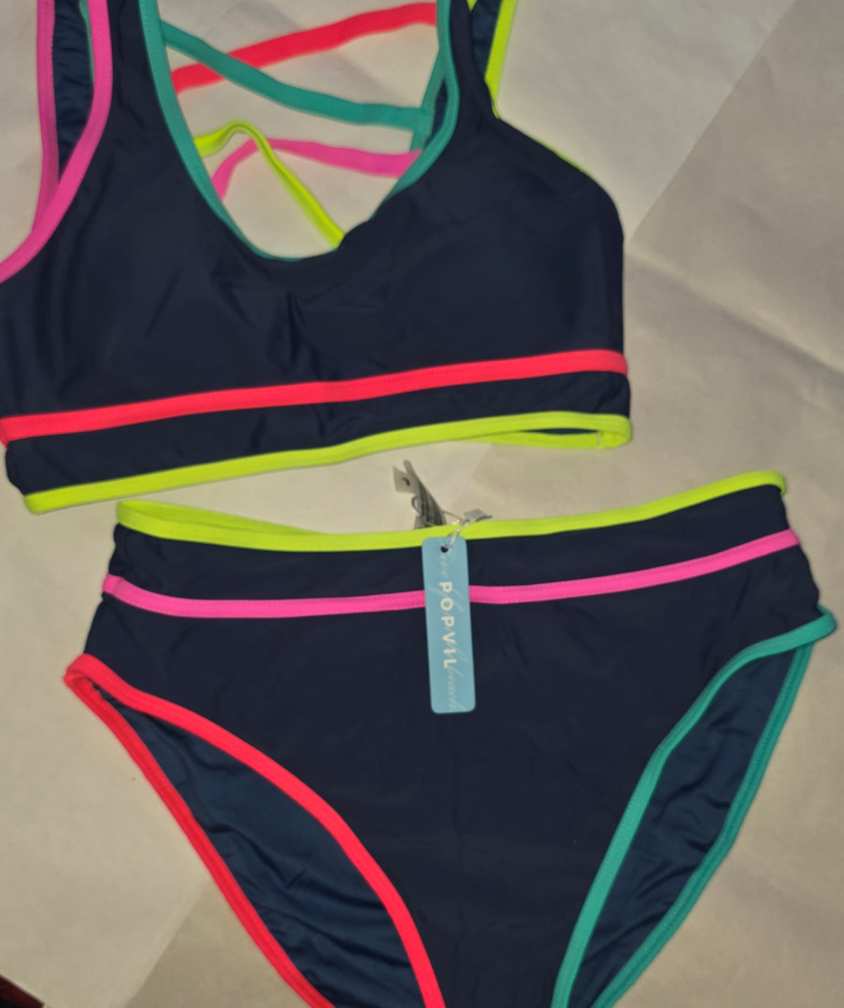 popvil 3 Piece Swimsuits Womens High Waisted Bikini Sets Neon Tummy Control Full Coverage Modest*