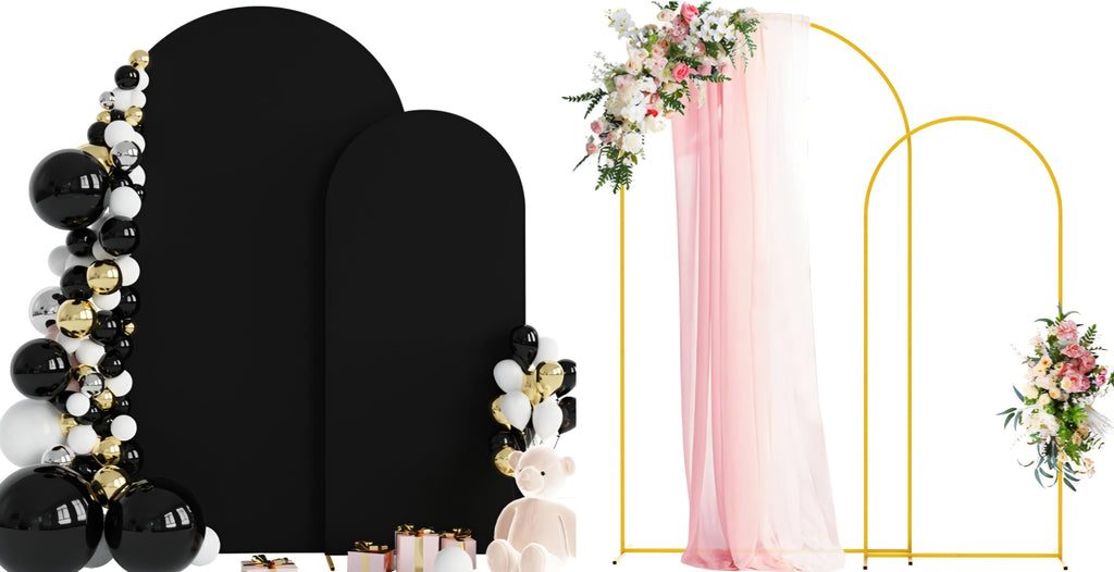 Wokceer Wedding Arch Backdrop Stand and Cover Set of 2 Metal Arch Stand with Arch Cover Black 7.2FT, 6FT for Birthday Party Wedding Ceremony Bridal Baby Shower Event Decor