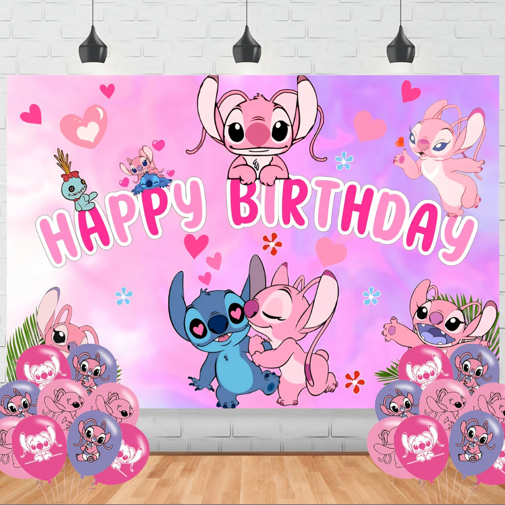Pink Stitch Birthday Party Backdrop 5x3 Cute Pink Stitch Happy Birthday Background Photograph