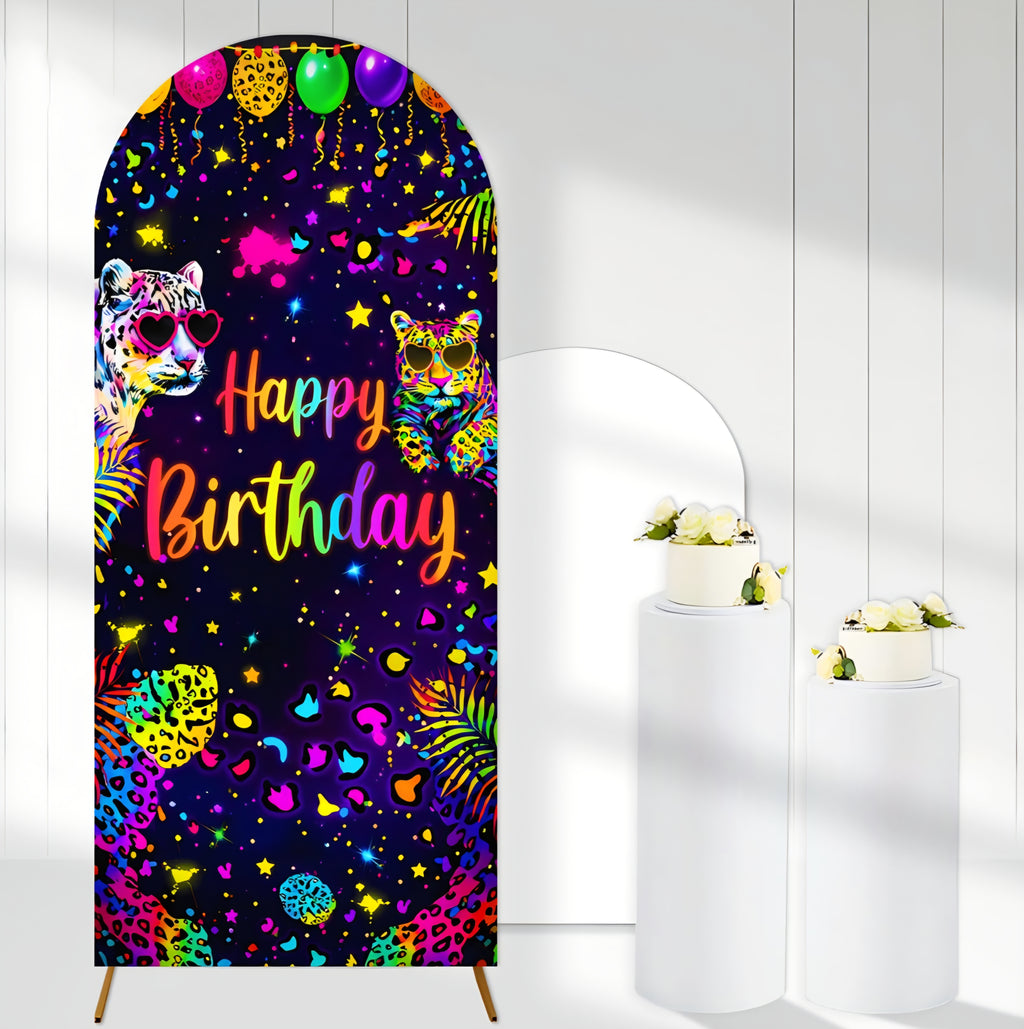 Tarndom Neon Rainbow Leopard Birthday Arch Backdrop Cover, 6ft Spandex
