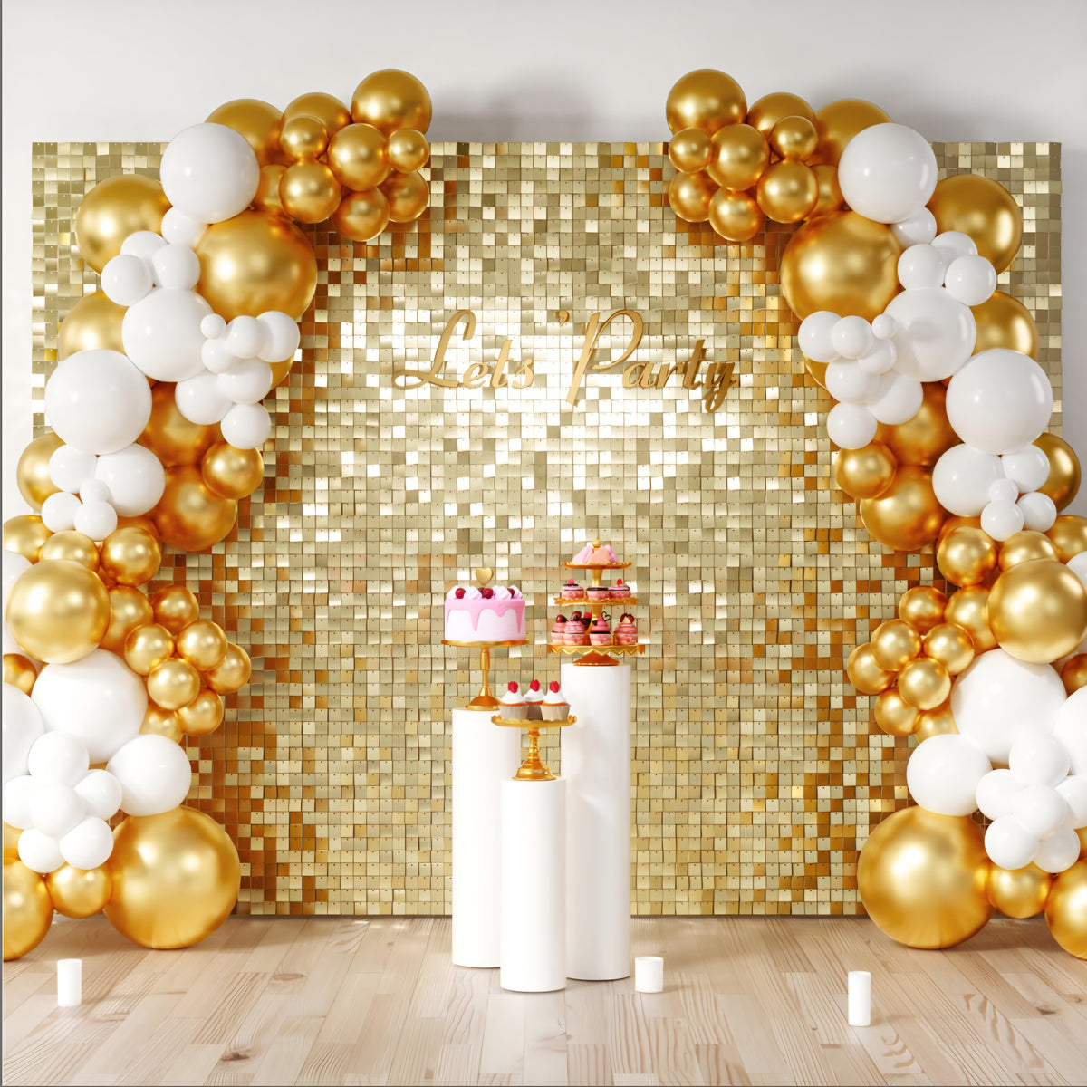 COKAOBE Light Gold Shimmer Wall Backdrop, 48PCS Square Sequin Shimmer Backdrop Panel, Photo Backdrops