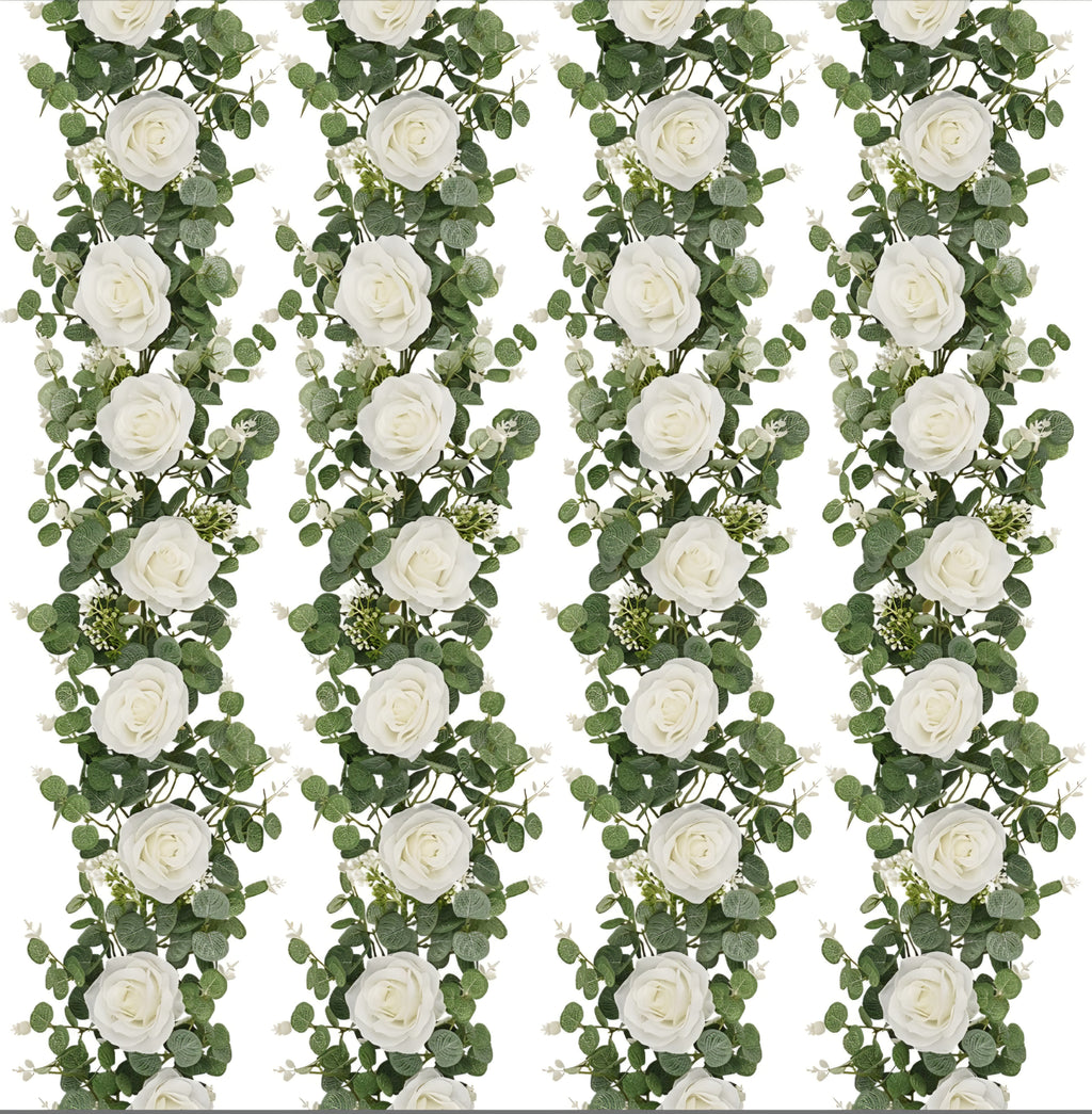 Dolicer 4Pcs 26Ft Artificial Eucalyptus Garlands with Flowers - 8 Roses, Faux Floral Greenery *