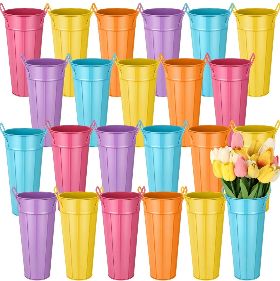 24 Pcs Metal Vases 9 Inch Galvanized French Farmhouse Flower Buckets with Handles and Hemp Rope **