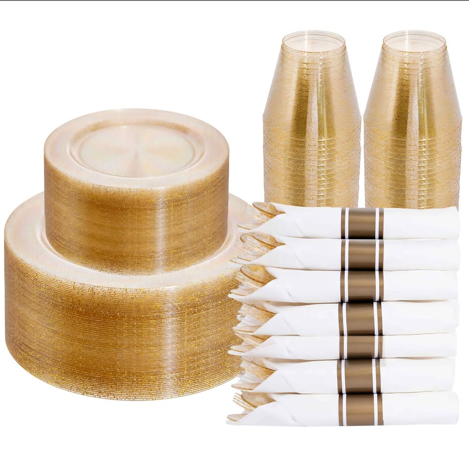 DaYammi 210PCS Gold Glitter Plastic Dinnerware Set for 30 Guests, Fancy Disposable Plates for Party,