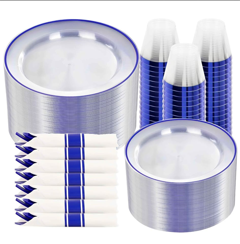 SUT 350 Pcs Blue and Clear Plastic Dinnerware Set for 50 Guests